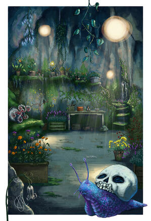 purple-blue snail with a skull for a shell in a cave nursery greenhouse full of plants both magical and ordinary with floating sun spheres and a small waterfall in the back.