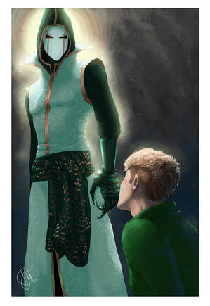 Miners of the Mystics nonhuman godlike construct looking down on blond twink wearing green shirt