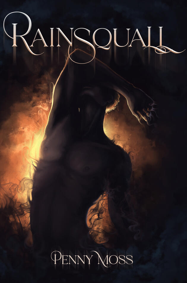 Cover art for the m/m/m romance novel Rainsquall. It depicts dark shadowy smoke with a bright yellow orange halo. In front of that is the silhouette of a man arching his back and resting his forearm across his face to hide it. He's part of the smoke, and t