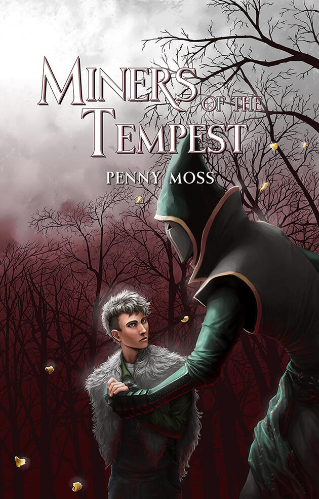 miners of the tempest mm romance novel by penny moss. silver haired twink holding hands with tall masked love interest in front of dead trees with yellow floating flower petals.