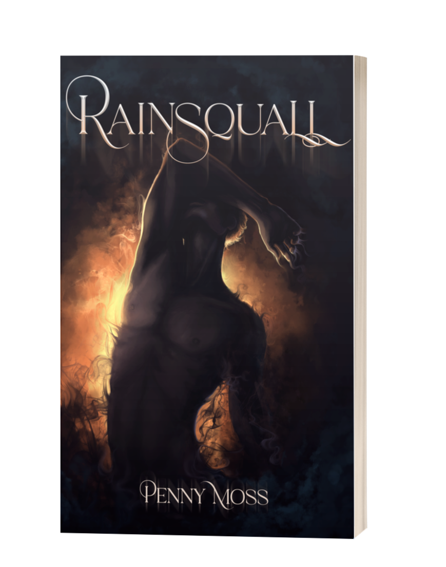 mm monster romance coil of boughs by author penny moss, book cover art with two dark trees as a frame. Inside, two silhouettes in a smokey orange fiery atmosphere. A very tall demon with goat horns and a deer-skull mask, the other an archer in a cloak.