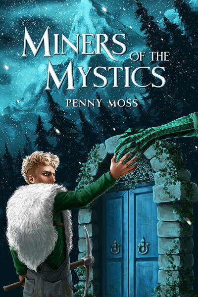 miners of the mystics mm romance novel by author penny moss. Blond twink wearing white fur cape reaching out for clawed gauntlet in front of blue double doors and dark pine trees in the snowy mountains.