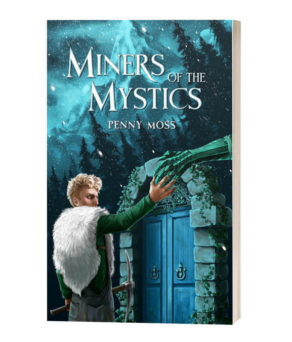 miners of the mystics mm romance novel by author penny moss. Blond twink wearing white fur cape reaching out for clawed gauntlet in front of blue double doors and dark pine trees in the snowy mountains.