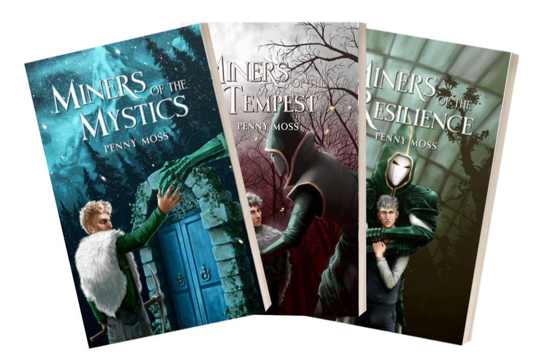 miners of the mystics mm romance novel by author penny moss. Blond twink wearing white fur cape reaching out for clawed gauntlet in front of blue double doors and dark pine trees in the snowy mountains.