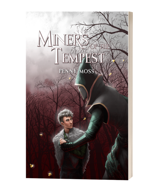 miners of the tempest mm romance novel by writer penny moss. silver haired twink holding hands with tall masked love interest in front of dead trees with yellow floating flower petals.