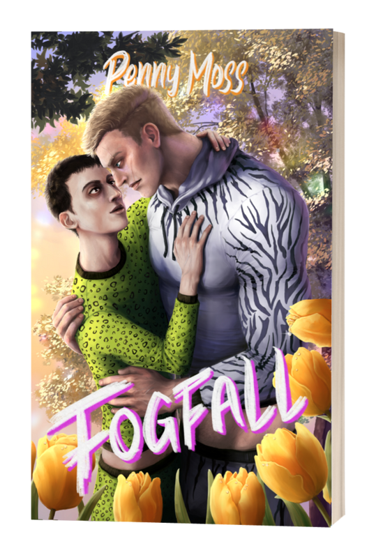 Fogfall fogfall mm romance by penny moss a clinch cover of a tall muscular man in a pale blue zepra suit that's very tightly fitting and too short, exposing his tummy, embraces a dark haired twink wearing a lime green leopard print outfit, also too short and expos