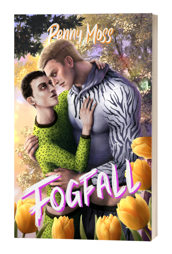 Fogfall fogfall mm romance by penny moss a clinch cover of a tall muscular man in a pale blue zepra suit that's very tightly fitting and too short, exposing his tummy, embraces a dark haired twink wearing a lime green leopard print outfit, also too short and expos