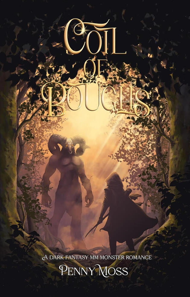 mm monster romance coil of boughs by penny moss, book cover art with two dark trees as a frame. Inside, two silhouettes in a smokey orange fiery atmosphere. A very tall demon with goat horns and a deer-skull mask, the other an archer in a cloak.