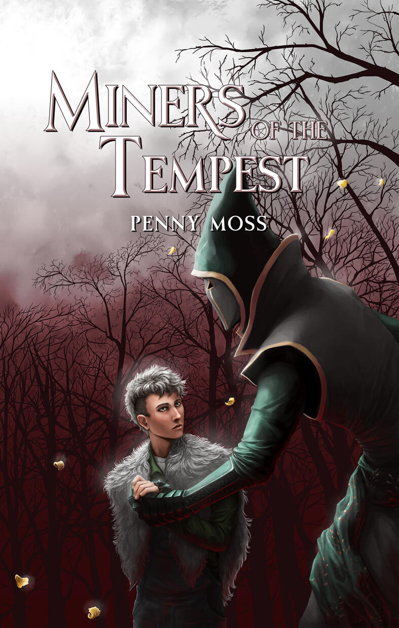 miners of the tempest mm romance novel by penny moss. silver haired twink holding hands with tall masked love interest in front of dead trees with yellow floating flower petals.