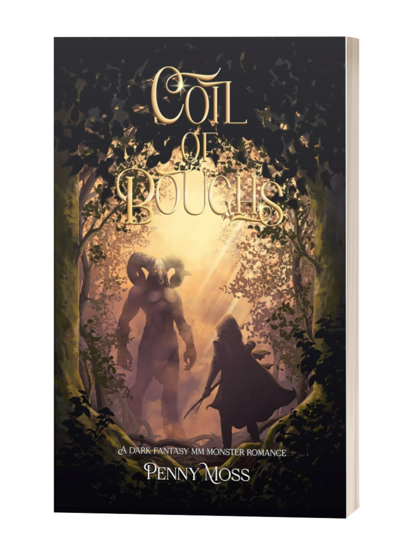 mm monster romance coil of boughs by author penny moss, book cover art with two dark trees as a frame. Inside, two silhouettes in a smokey orange fiery atmosphere. A very tall demon with goat horns and a deer-skull mask, the other an archer in a cloak.
