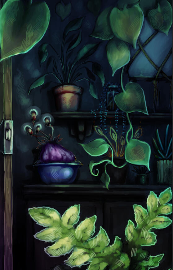 mm monster romance coil of boughs by author penny moss, book cover art with two dark trees as a frame. Inside, two silhouettes in a smokey orange fiery atmosphere. A very tall demon with goat horns and a deer-skull mask, the other an archer in a cloak.